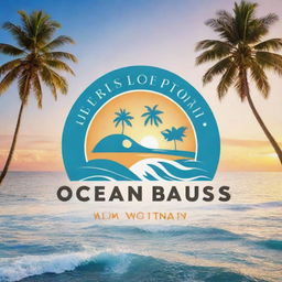 Construct a visually appealing resort logo with the name 'Ocean Bliss', and include a catchy slogan, 'Your Beachfront Paradise'. Integrate elements of tropical beauty such as palm trees, sunsets, and ocean waves in the design.