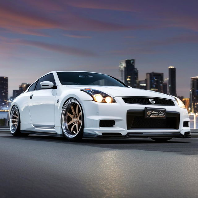 A pristine, white Nissan G35, amplified by an assertive body kit. Phat, glittering rims underneath catch the eye, complementing the car's streamlined elegance. The scene is a blurred cityscape at twilight, making the car pop.