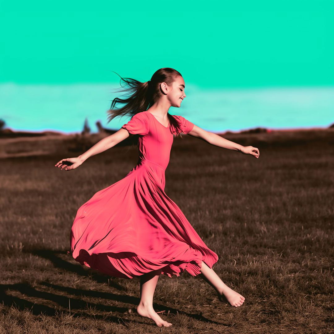 A girl twirling joyously in the distance, exuding a radiant and colorful aura.