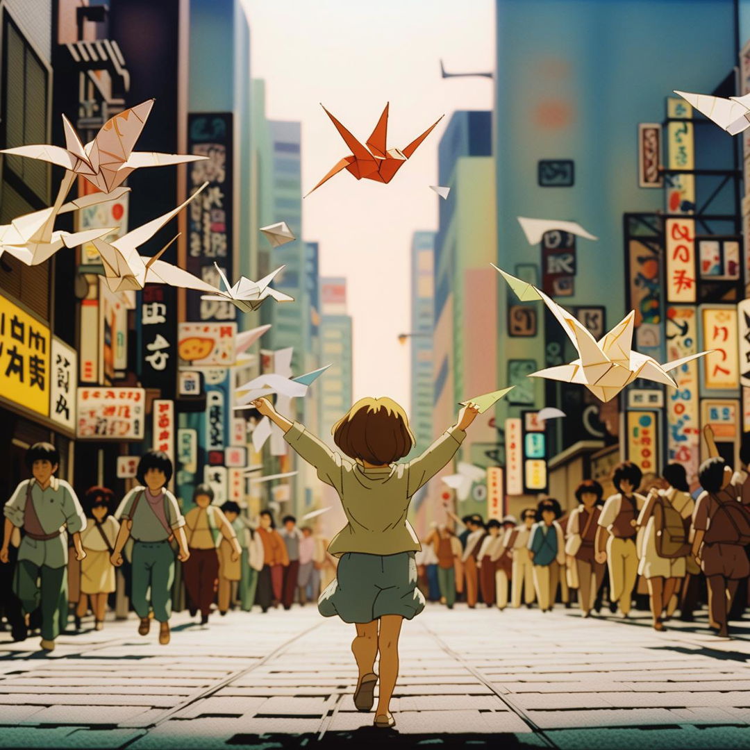 In Studio Ghibli style, a little girl twirling in amazement, her arms raised in wonder as 100 paper origami cranes fly down a bustling Tokyo street.