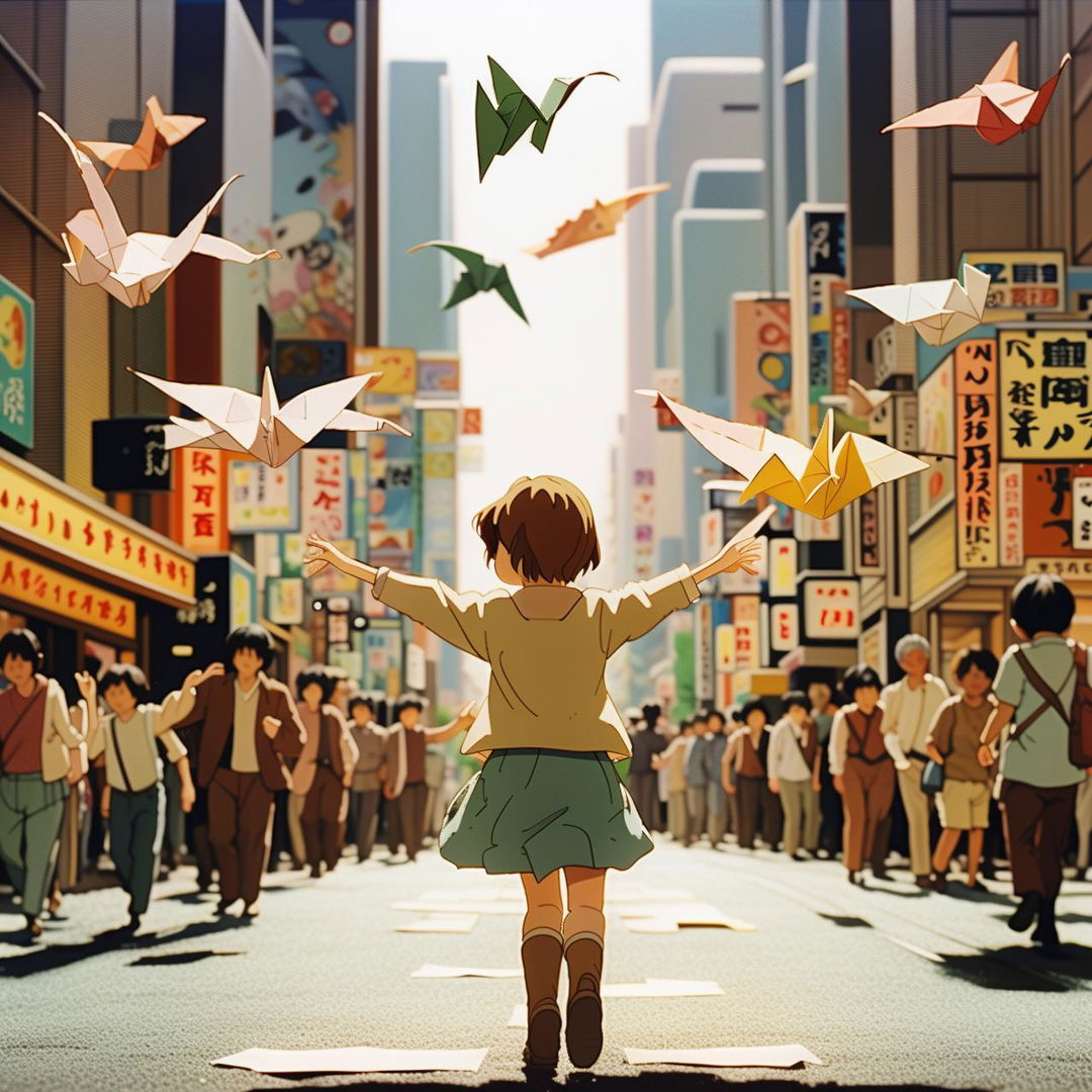 In Studio Ghibli style, a little girl twirling in amazement, her arms raised in wonder as 100 paper origami cranes fly down a bustling Tokyo street.