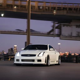 A pristine, white Nissan G35, amplified by an assertive body kit. Phat, glittering rims underneath catch the eye, complementing the car's streamlined elegance. The scene is a blurred cityscape at twilight, making the car pop.