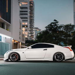 A pristine, white Nissan G35, amplified by an assertive body kit. Phat, glittering rims underneath catch the eye, complementing the car's streamlined elegance. The scene is a blurred cityscape at twilight, making the car pop.