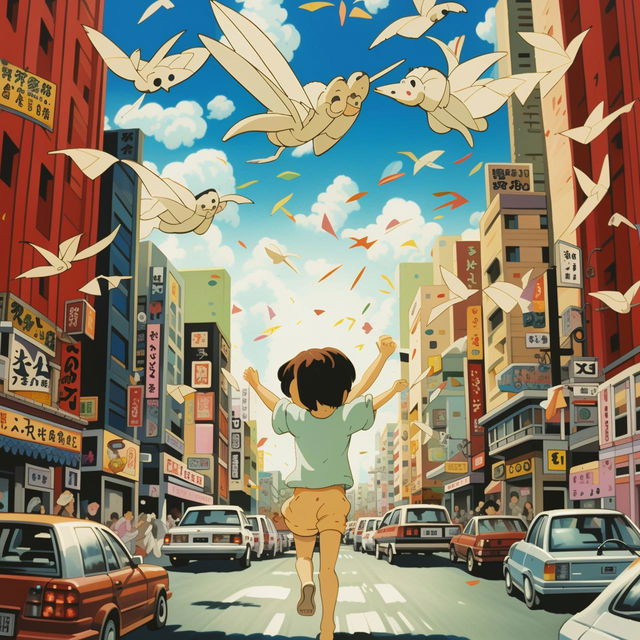 Vibrant Studio Ghibli styled scene of a joyous little girl spinning, her arms raised in wonderment as she cheers at the sight of 100 paper cranes soaring above a bustling Tokyo street, her head thrown back in laughter.