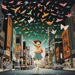 Vibrant Studio Ghibli styled scene of a joyous little girl spinning, her arms raised in wonderment as she cheers at the sight of 100 paper cranes soaring above a bustling Tokyo street, her head thrown back in laughter.