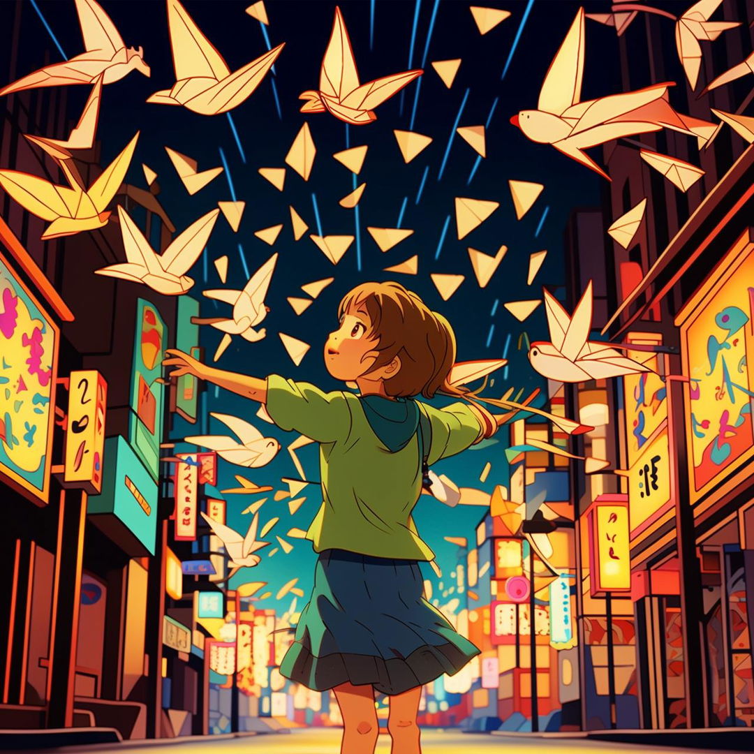 Vibrant, Studio Ghibli style image of a girl twirling in amazement on a Japanese street, arms aloft, surrounded by one hundred paper cranes taking flight, under bright neon lights, her head tipped back in wonder.