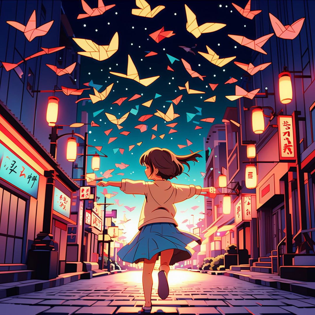 Vibrant, Studio Ghibli style image of a girl twirling in amazement on a Japanese street, arms aloft, surrounded by one hundred paper cranes taking flight, under bright neon lights, her head tipped back in wonder.