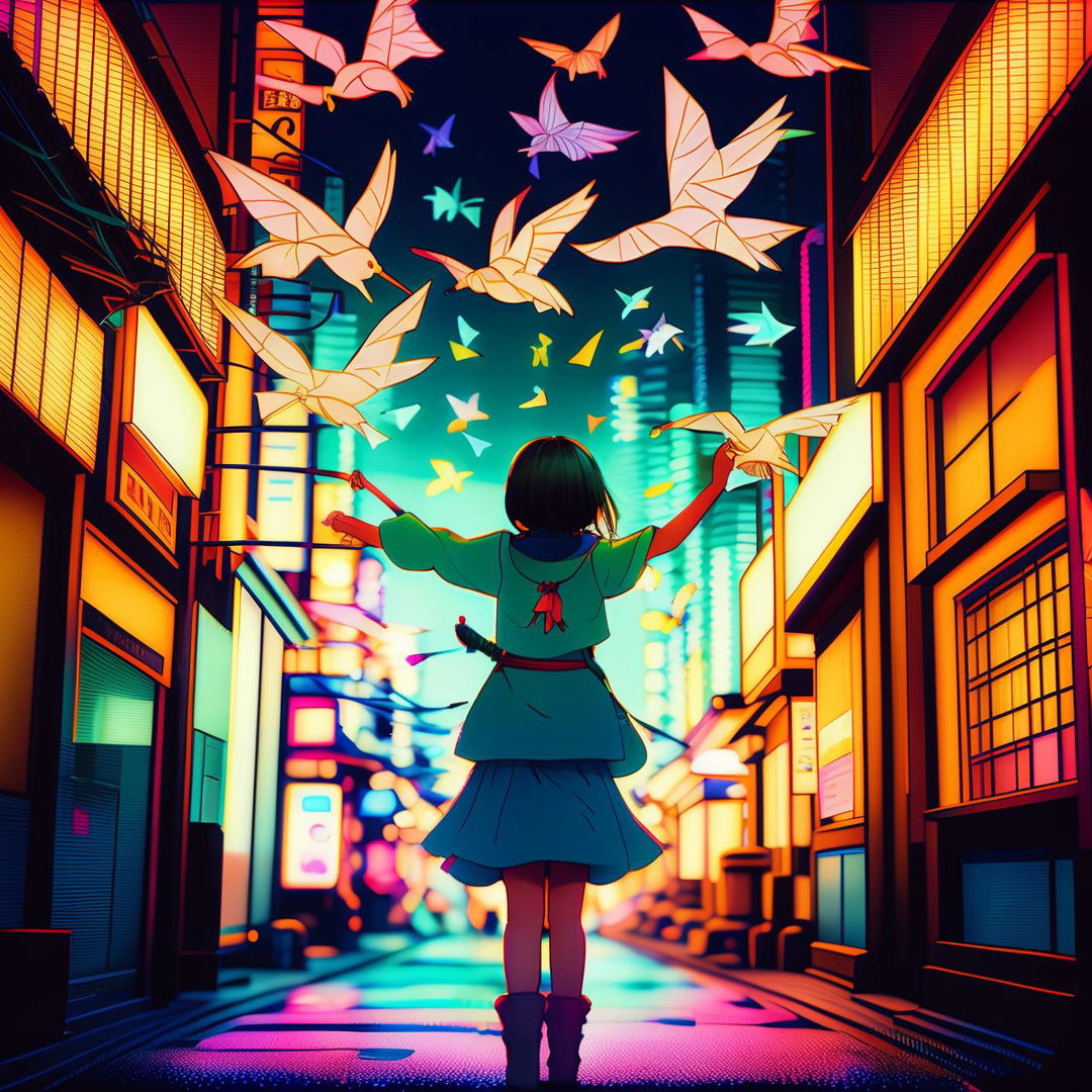 Radiating in bright colors under neon lights, a scene inspired by Studio Ghibli presenting a young girl twirling in awe on a Japanese street, arms raised as hundreds of paper cranes soar around her like real birds.