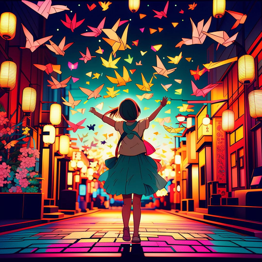 Radiating in bright colors under neon lights, a scene inspired by Studio Ghibli presenting a young girl twirling in awe on a Japanese street, arms raised as hundreds of paper cranes soar around her like real birds.