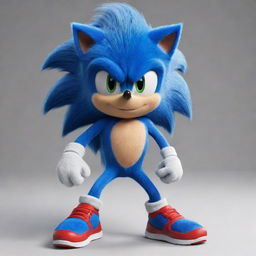 Generate a detailed image of Sonic the Hedgehog in the style of the movie character with bright blue fur, large expressive eyes, and red sneakers.