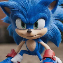 Generate a detailed image of Sonic the Hedgehog in the style of the movie character with bright blue fur, large expressive eyes, and red sneakers.