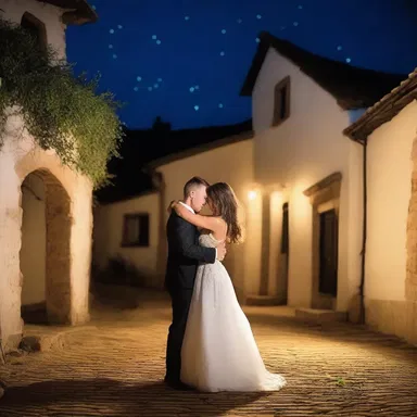 Under the stars, in a picturesque village, the couple shared a romantic dance.