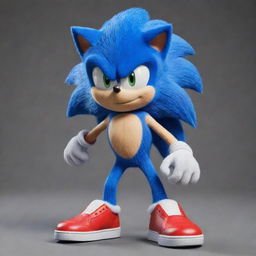 Generate a detailed image of Sonic the Hedgehog in the style of the movie character with bright blue fur, large expressive eyes, and red sneakers.