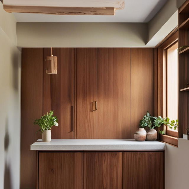 Revise the cozy kitchen scene with a subdued use of rich timber cabinetry, not as dominant, while maintaining the soft tiled splash back and the delicate, small vase. Keep the architectural photography vibe.