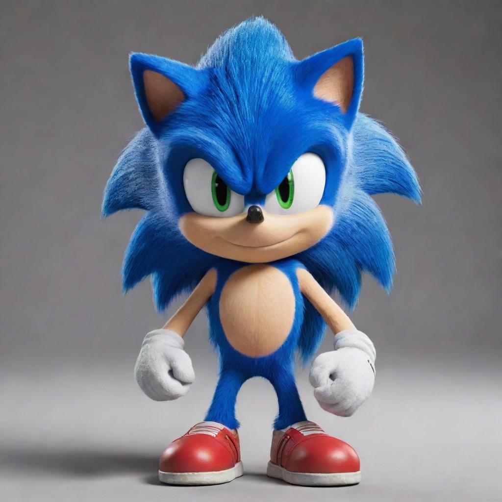 Generate a detailed image of Sonic the Hedgehog in the style of the movie character with bright blue fur, large expressive eyes, and red sneakers.