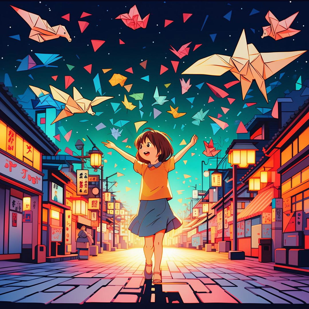 In the vivid colors of a neon-lit Japanese street, create a Studio Ghibli style scene where a little girl twirls in amazement with arms raised, marvelling at the sight of a hundred origami cranes soaring around her like birds.