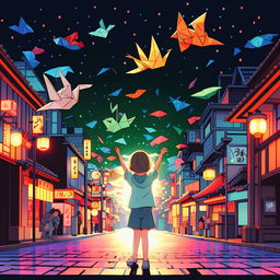 In the vivid colors of a neon-lit Japanese street, create a Studio Ghibli style scene where a little girl twirls in amazement with arms raised, marvelling at the sight of a hundred origami cranes soaring around her like birds.