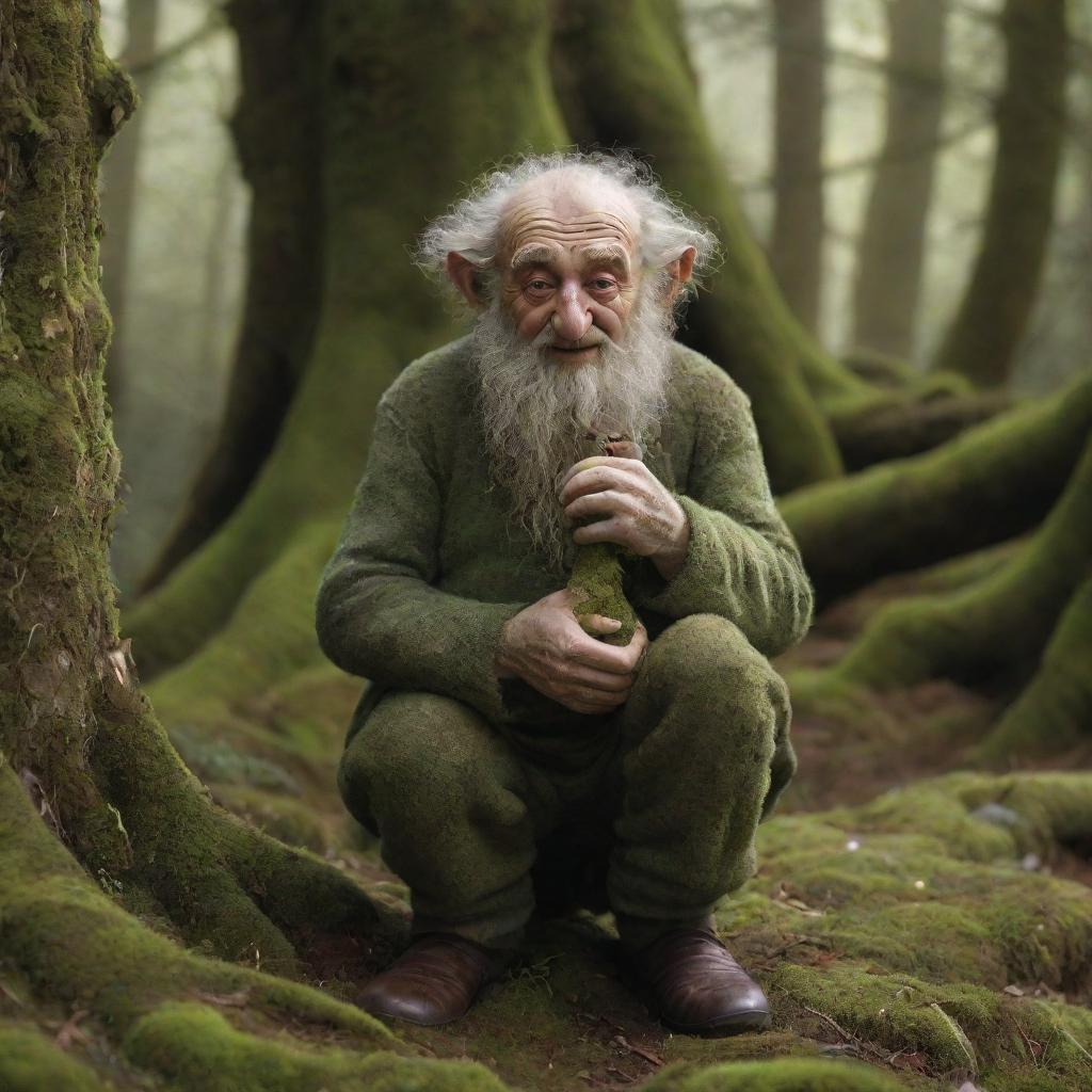 A photorealistic image of a benevolent giant, gently holding a tiny pixie in his hand, amidst an idyllic Irish forest covered in lush moss.