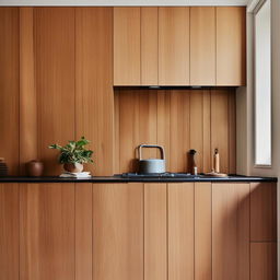 Revise the cozy kitchen scene with a subdued use of rich timber cabinetry, not as dominant, while maintaining the soft tiled splash back and the delicate, small vase. Keep the architectural photography vibe.