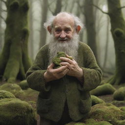 A photorealistic image of a benevolent giant, gently holding a tiny pixie in his hand, amidst an idyllic Irish forest covered in lush moss.