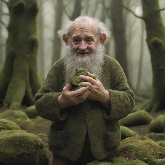 A photorealistic image of a benevolent giant, gently holding a tiny pixie in his hand, amidst an idyllic Irish forest covered in lush moss.