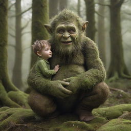 A photorealistic image of a benevolent giant, gently holding a tiny pixie in his hand, amidst an idyllic Irish forest covered in lush moss.