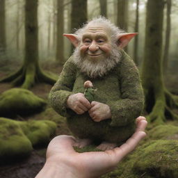 A photorealistic image of a benevolent giant, gently holding a tiny pixie in his hand, amidst an idyllic Irish forest covered in lush moss.