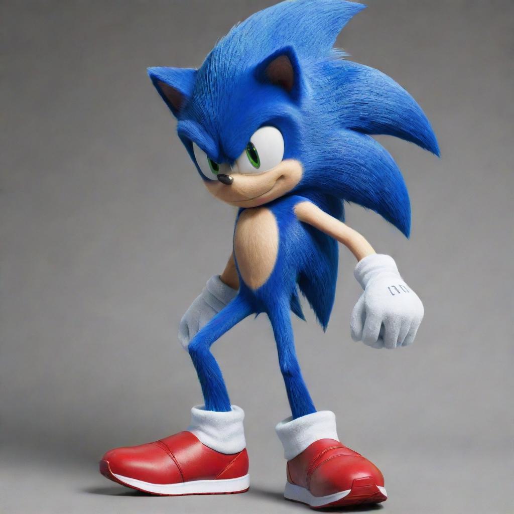 Edit the previous image to portray Sonic the Hedgehog with more human-like attributes, such as anthropomorphic body structure, while retaining recognizable Sonic features, like blue fur and red sneakers.