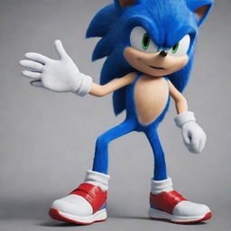 Edit the previous image to portray Sonic the Hedgehog with more human-like attributes, such as anthropomorphic body structure, while retaining recognizable Sonic features, like blue fur and red sneakers.