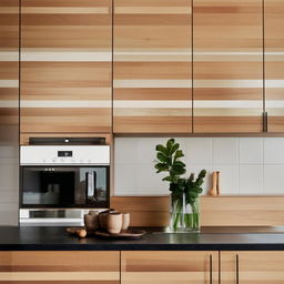 Revise the cozy kitchen scene with a subdued use of rich timber cabinetry, not as dominant, while maintaining the soft tiled splash back and the delicate, small vase. Keep the architectural photography vibe.