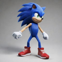 Edit the previous image to portray Sonic the Hedgehog with more human-like attributes, such as anthropomorphic body structure, while retaining recognizable Sonic features, like blue fur and red sneakers.