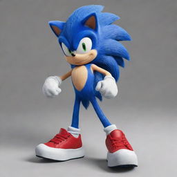 Edit the previous image to portray Sonic the Hedgehog with more human-like attributes, such as anthropomorphic body structure, while retaining recognizable Sonic features, like blue fur and red sneakers.