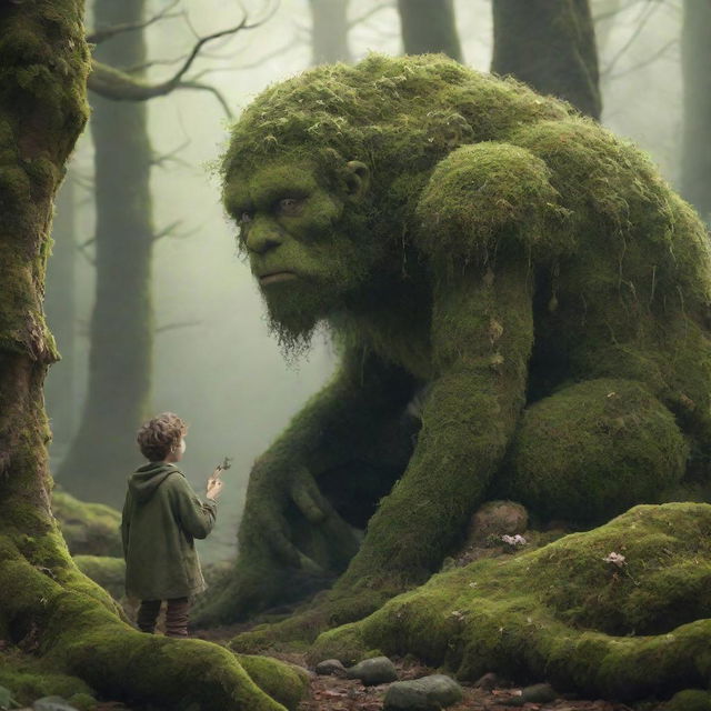 A detailed visualization of a large moss-covered giant, looking in amazement at a tiny, ethereal fairy seated in his hand.