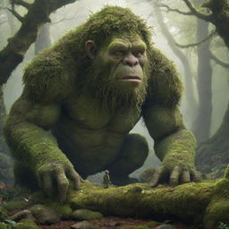 A detailed visualization of a large moss-covered giant, looking in amazement at a tiny, ethereal fairy seated in his hand.