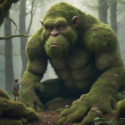 A detailed visualization of a large moss-covered giant, looking in amazement at a tiny, ethereal fairy seated in his hand.