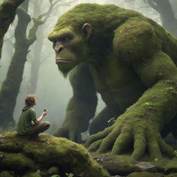 A detailed visualization of a large moss-covered giant, looking in amazement at a tiny, ethereal fairy seated in his hand.