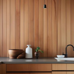 Revise the cozy kitchen scene with a subdued use of rich timber cabinetry, not as dominant, while maintaining the soft tiled splash back and the delicate, small vase. Keep the architectural photography vibe.