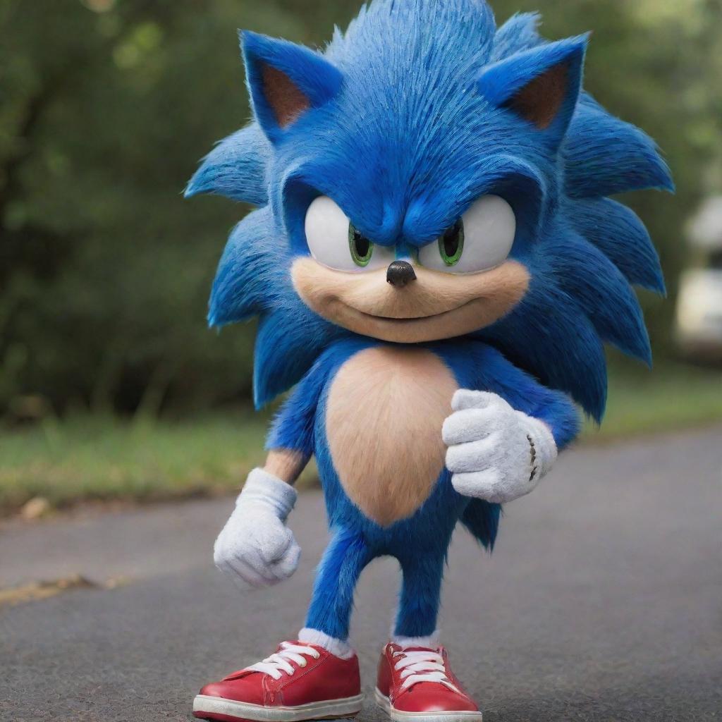 Enhance the previous Sonic the Hedgehog image to possess more human characteristics like facial features, body stature, and hands, still keeping his iconic blue fur and red sneakers.