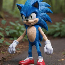 Enhance the previous Sonic the Hedgehog image to possess more human characteristics like facial features, body stature, and hands, still keeping his iconic blue fur and red sneakers.