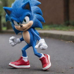 Enhance the previous Sonic the Hedgehog image to possess more human characteristics like facial features, body stature, and hands, still keeping his iconic blue fur and red sneakers.