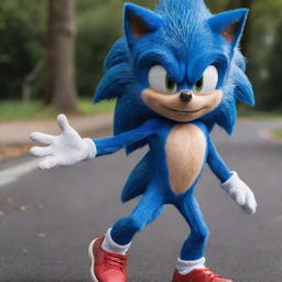 Enhance the previous Sonic the Hedgehog image to possess more human characteristics like facial features, body stature, and hands, still keeping his iconic blue fur and red sneakers.