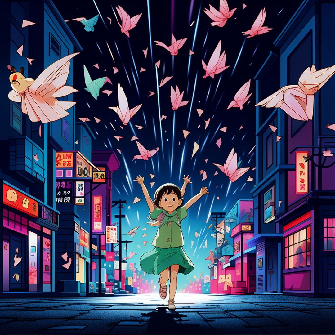 A vibrant Studio Ghibli-inspired scene depicts a five-year-old girl twirling with arms raised in awe, amidst a shower of 100 paper cranes flying like birds through a neon-lit Japanese street.