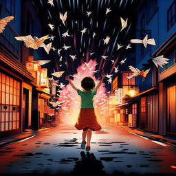 A vibrant Studio Ghibli-inspired scene depicts a five-year-old girl twirling with arms raised in awe, amidst a shower of 100 paper cranes flying like birds through a neon-lit Japanese street.