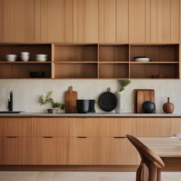 A cozy kitchen scene featuring soft tiled splash back balancing against rich timber cabinetry, and a small, delicate vase elegantly positioned. Capture the essence of architectural photography.