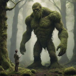 A colossal humanoid giant made of moss, in a state of awe as he gazes at a tiny ethereal fairy radiating magic, in his palm.