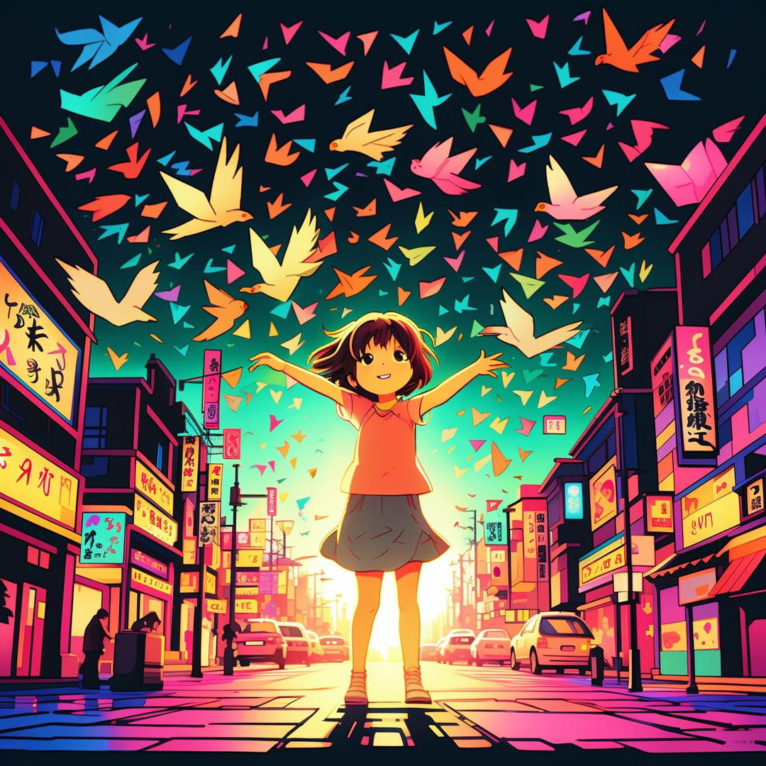 In the bold and vivid colors of a neon-lit Japanese street, create a Studio Ghibli style animation of a five-year-old girl twirling in awe, arms lifted, and a hundred paper cranes soaring around her like birds.