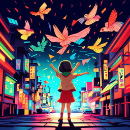 In the bold and vivid colors of a neon-lit Japanese street, create a Studio Ghibli style animation of a five-year-old girl twirling in awe, arms lifted, and a hundred paper cranes soaring around her like birds.