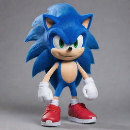 Create a coherent, unique design of Sonic the Hedgehog, featuring his iconic blue fur, large green eyes, and red sneakers.