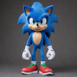 Create a coherent, unique design of Sonic the Hedgehog, featuring his iconic blue fur, large green eyes, and red sneakers.