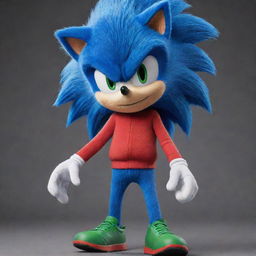 Create a coherent, unique design of Sonic the Hedgehog, featuring his iconic blue fur, large green eyes, and red sneakers.